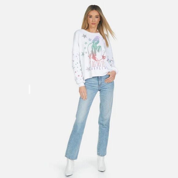 LAUREN MOSHI Janis Joplin Embellished Cropped Top Sweatshirt Raw Hem Sz XS NWT - Picture 1 of 15